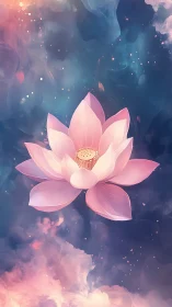 Serene pink lotus drifts softly in a dreamy cosmic sky