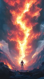 Lone wanderer strides beneath a sky split by molten fire