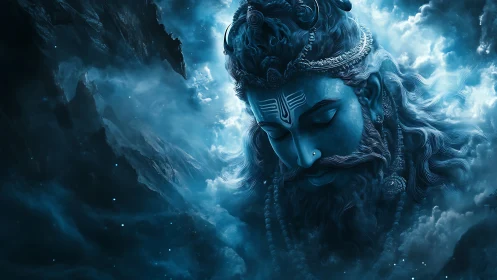 Divine blue deity portrait in swirling celestial clouds.