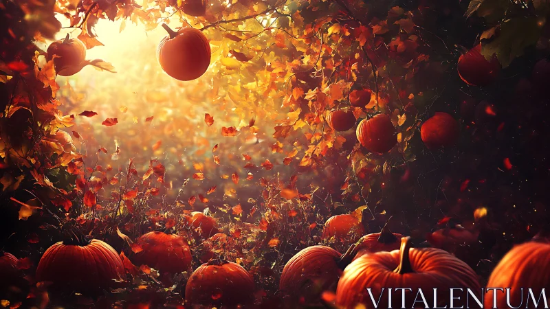 Pumpkin field under dense autumn foliage and sunlight glow.
