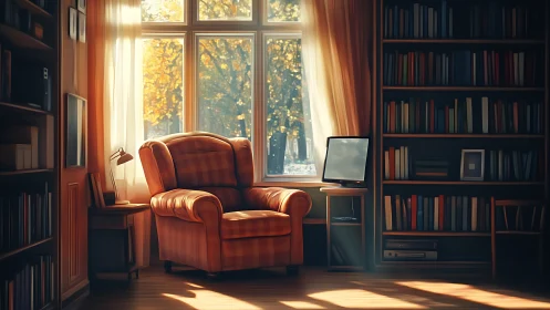 Sunlit reading nook with armchair and curated home library.