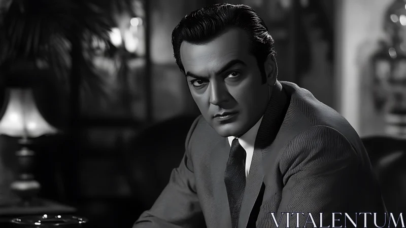 Brooding man in tailored suit evokes classic noir mood.