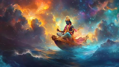 Celestial deity seated on ornate vessel amid turbulent cosmic sea