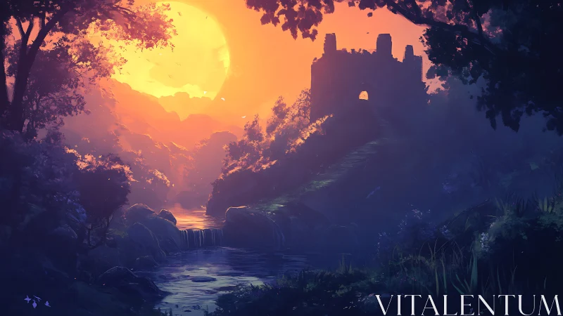 Sunlit ruin above a dreamy river at enchanted sunset.