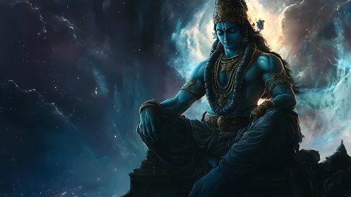 Blue-skinned seated deity in cosmic nebula environment.
