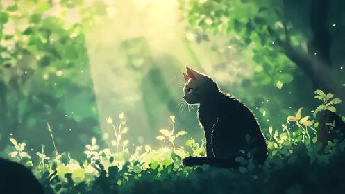Solitary black cat basks in a soft, enchanted forest glow