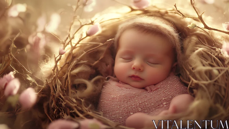 Newborn Sleeps Nestled in Blooming Pink Branches.