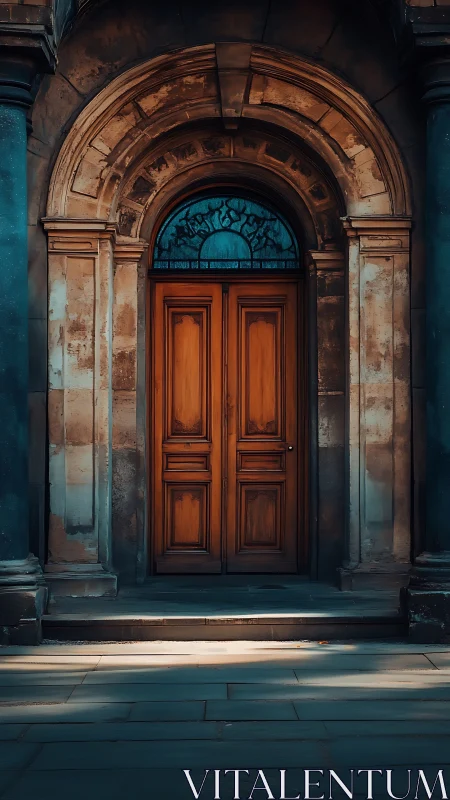 Warm wooden doorway rests beneath a grand stone archway
