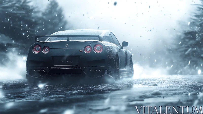 Black sports car on icy road in heavy winter snowfall.