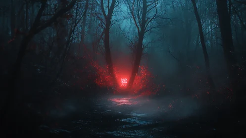 Luminous red anomaly pulses through misted nocturnal forest corridor