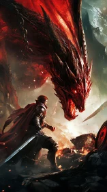 Armored warrior confronts blazing red dragon in molten ruins.