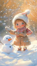 Child in winter clothing beside small snowman in snowfield.