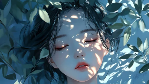 Girl resting in dappled light among cool green leaves.