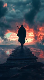 Wandering cloaked figure crossing storm-lit wooden pier.