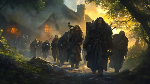 Hooded travelers departing a rustic village at dawn.