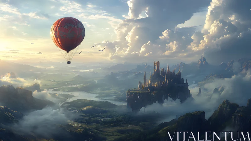 Fantasy aerial vista with hot air balloon and floating citadel.