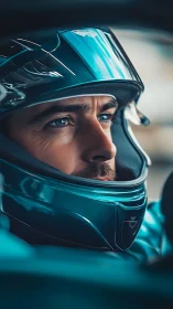 Blue-visor daredevil locked in laser-focused race calm.