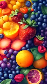 Mixed berries, citrus and grapes in dense colorful layout.