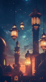 Digital painting of lantern-lit minarets at twilight skyline.