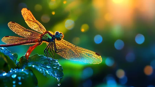 Dragonfly rests on wet leaf under strong backlit bokeh