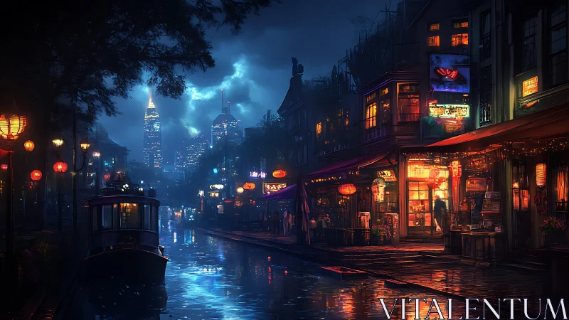 Canal street at night shows neon city skyline and reflections