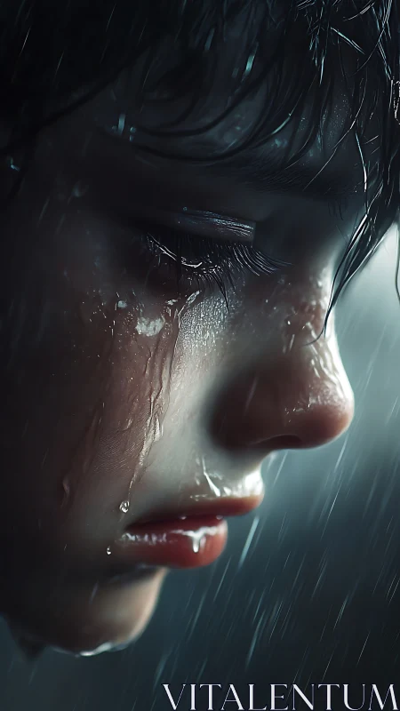 Child profile in rain with tear-streaked cinematic lighting.