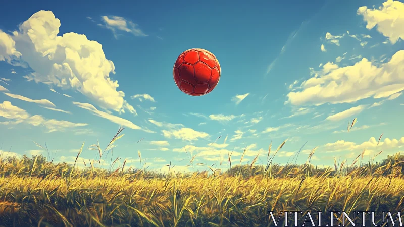 Red soccer ball soaring above sunlit wheat field.