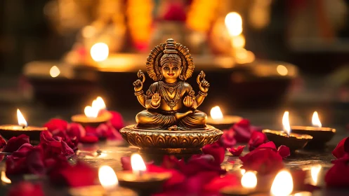 Golden goddess idol glowing among soft festival lights.