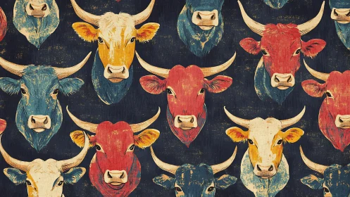 Retro pop herd of painted bull portraits on midnight navy wall.