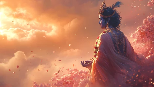 Divine figure meditating amid celestial blossoms at dusk.