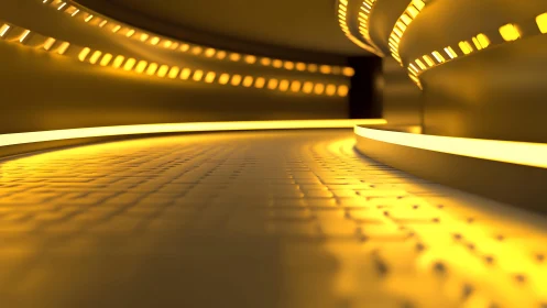 Futuristic Golden Tunnel with Glowing Lights, Abstract Digital Art.