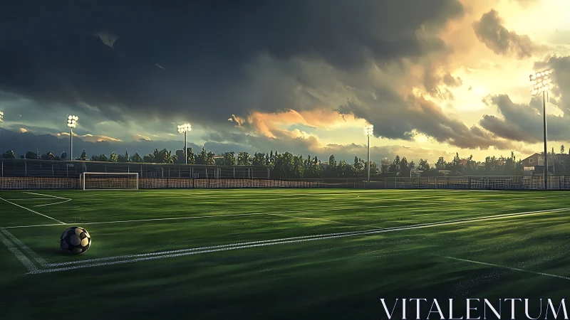 Empty soccer field under stormy sunset sky with lights on.