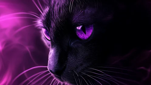 Mystical Black Cat with Glowing Purple Eyes Emerges from Darkness