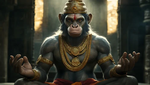 Simian figure in ornate regalia meditating in stone hall.