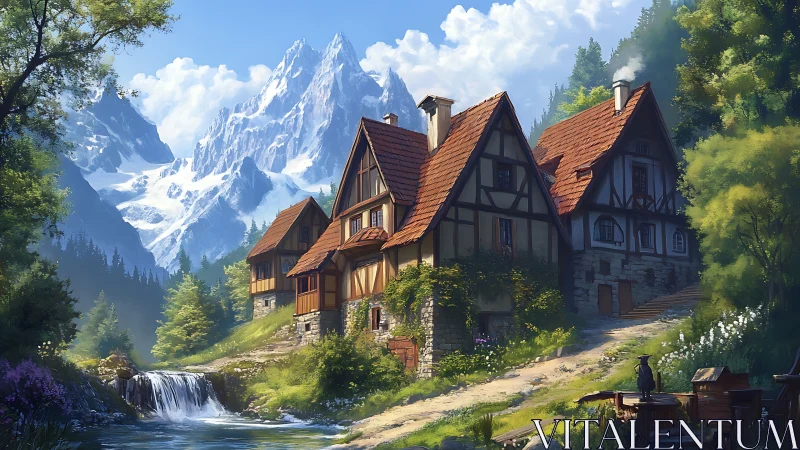 Snowcrowned peaks guarding a storybook riverside village.