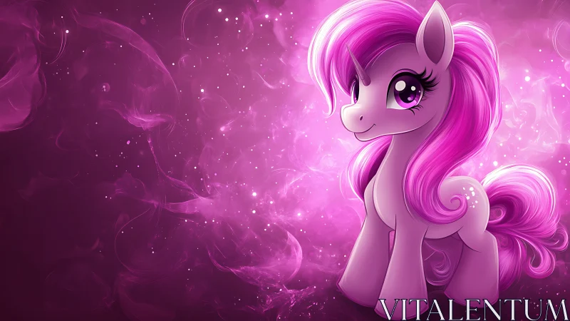 Sparkling pink unicorn pony glowing in a dreamy starlit mist.