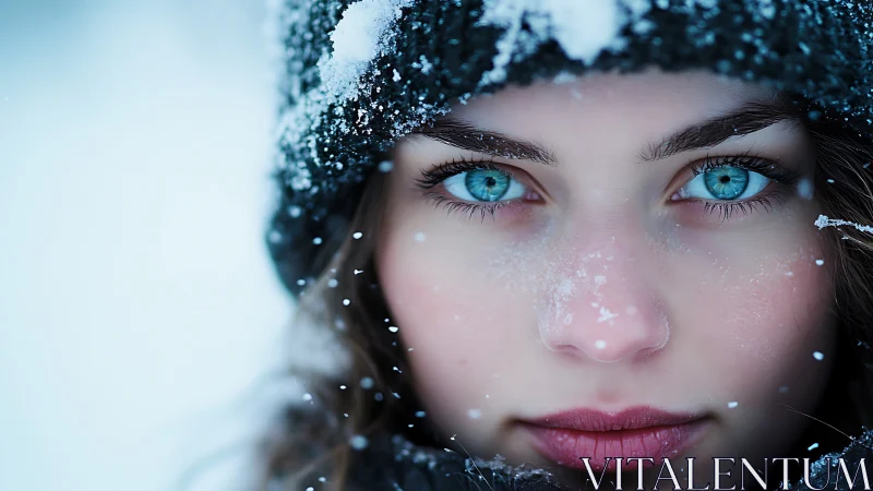 Macro winter portrait with crystalline snow and cyan irises.