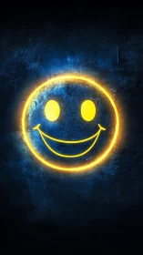 Neon smiley emblem glowing on textured midnight wall.
