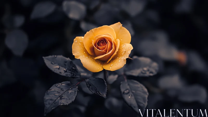Golden Rose with Hydrophobic Petals Against Darkened Foliage Backdrop.