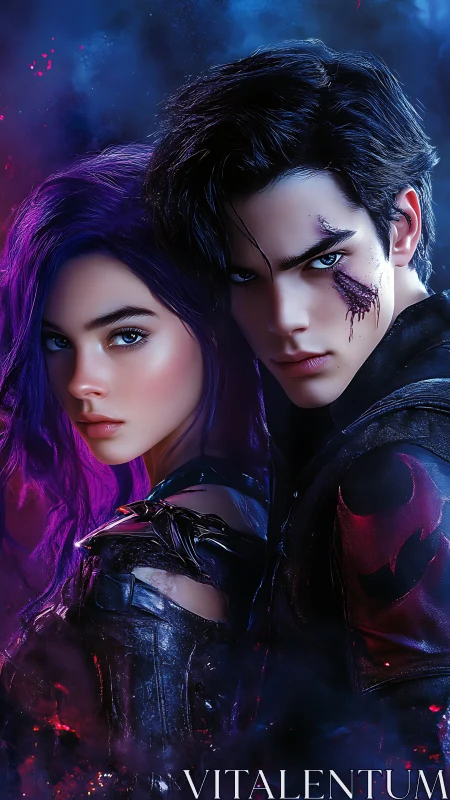 Digital painting of dual protagonists in neon arcane armor.