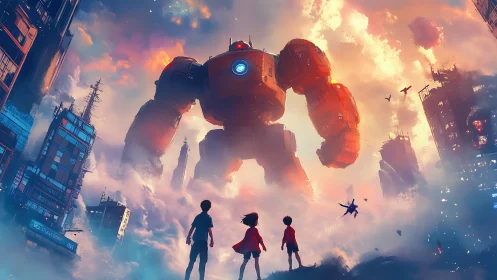 Colossal dawn mech meets three child dreamers in neon fog.