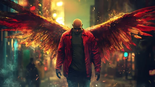 Winged figure walks alone through burning neon city street