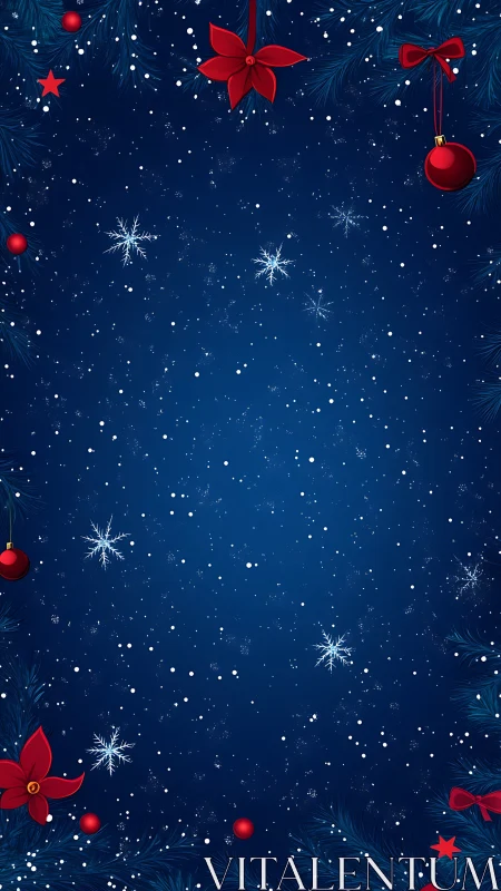 Midnight snow curtain framed in crimson Christmas bloom.