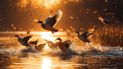 Wild ducks take flight over lake at golden sunrise, dramatic nature scene.