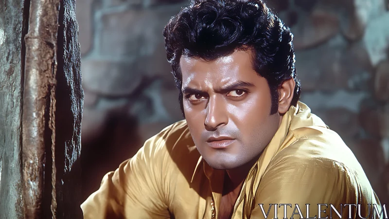 Intense male portrait framed by textured wall and soft bokeh background