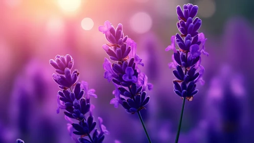 Purple Lavender Blooms in Golden Afternoon Light.