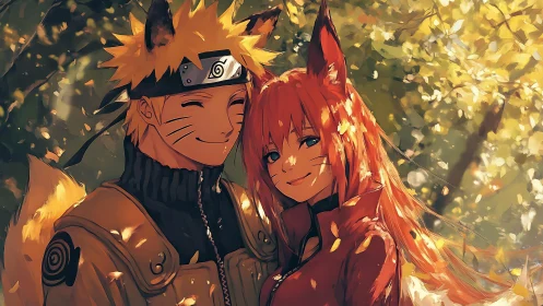 Fox-eared anime couple share a warm autumn forest embrace.