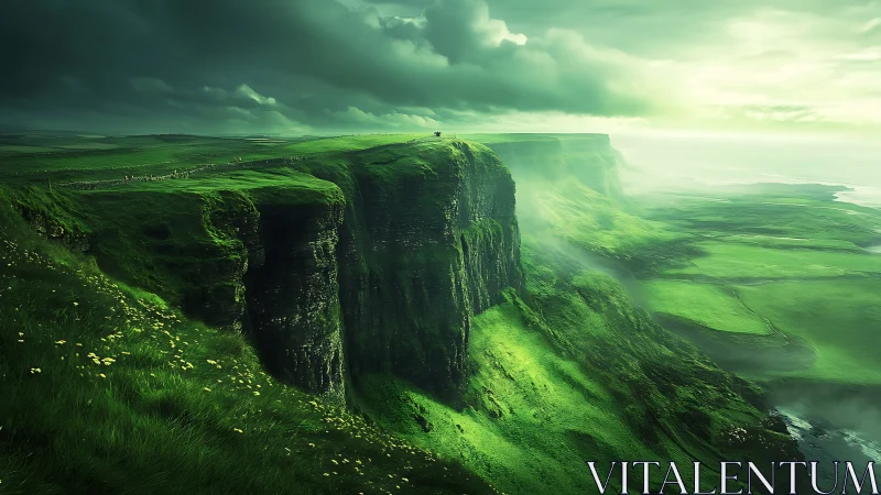 Emerald sea cliffs rise above misty coastline under storm clouds