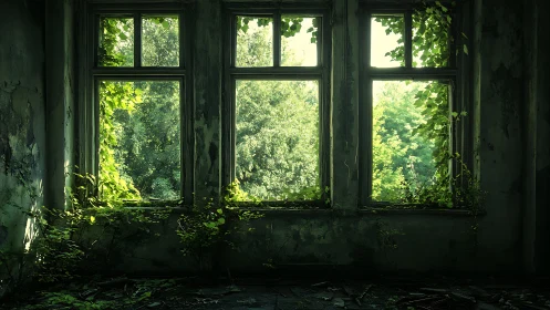 Overgrown windows framing dense summer forest view.