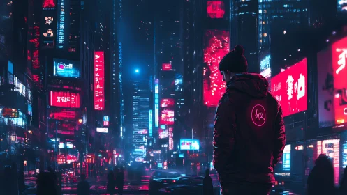 Neon lone wanderer drifting through electric midnight streets.